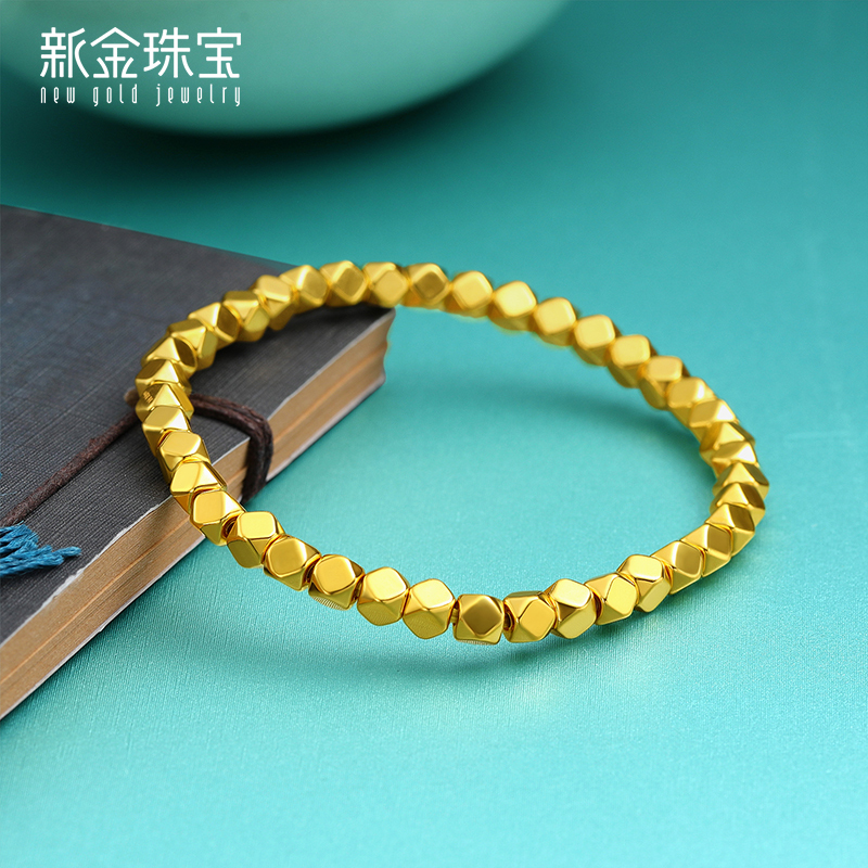新金珠宝999黄金5d硬金多面方糖方珠手串足金手链手饰女士