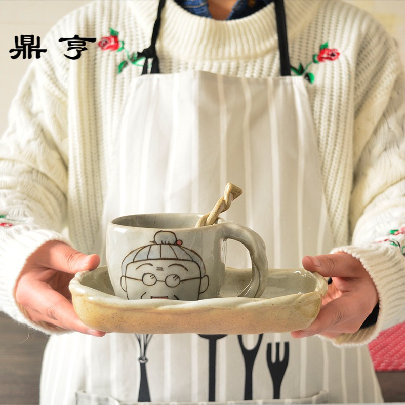 鼎亨手工景德镇陶瓷水杯马克杯咖啡杯碟套装家用小丸子情侣杯碟子