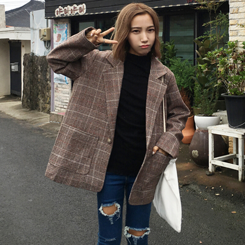 2018春装新款韩版复古学院风宽松百搭显瘦长袖格子小西装外套女装 棕色格子 均码