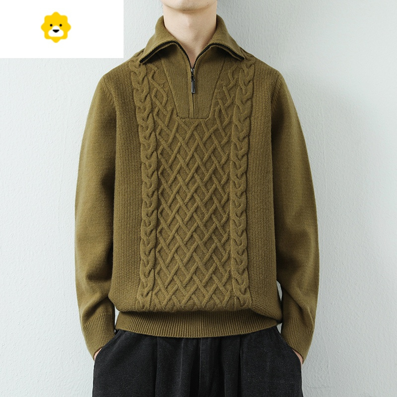 fishbasket半拉链毛衣男士款复古翻领针织打底衫外套男装潮加厚提花线