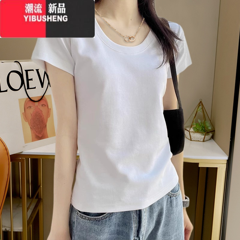 YIBUSHENG灰色短袖t恤女装2024新款正肩修身短款上衣服日多巴胺穿搭小衫
