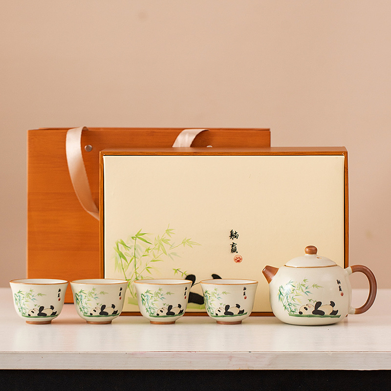 华普思米黄汝窑功夫茶具套装家用陶瓷茶壶茶杯礼盒装公司节日商务伴手礼 一壶四杯-(好运莲莲)高清大图
