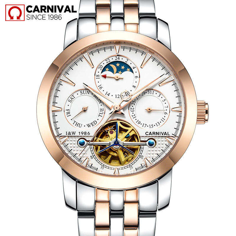 嘉年华CARNIVAL瑞士品牌 手表新款全自动机械表 男士手表镂空钢带防水夜光腕表时尚休闲精钢金属飞轮日月星辰8752高清大图