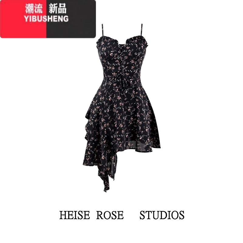 YIBUSHENG浪漫俘获 暗黑纯欲小众不规则碎花吊带裙连衣裙辣妹春季设计感 黑色 XS