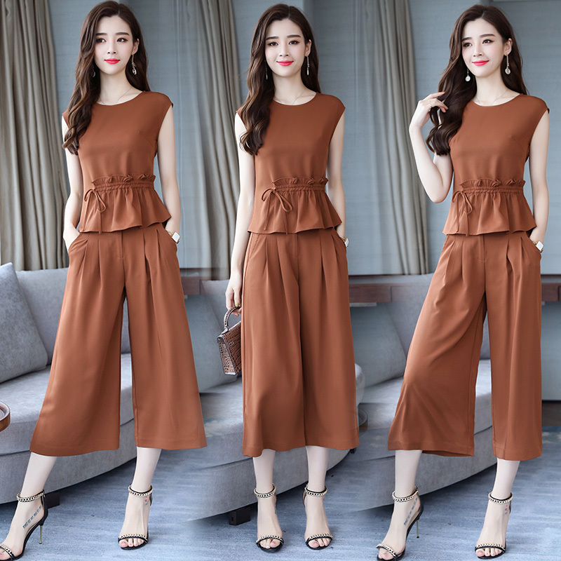 女神范阔腿裤套装女夏款女士新品时尚复古港味网红两件套装宽松潮