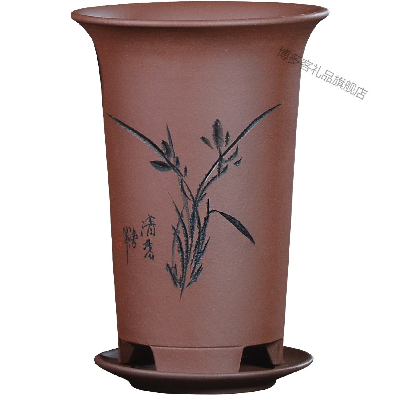 宜兴紫砂兰花盆陶瓷大小号透气吊兰家用兰草君子兰专用花盆带托盘