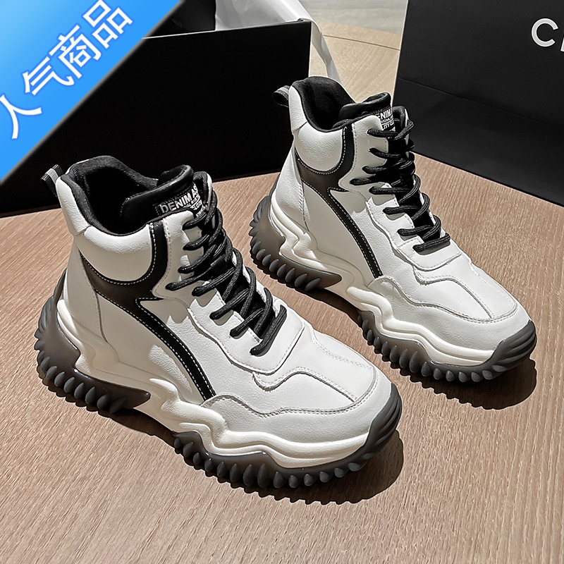 SUNTEK高帮女鞋2023年新款小白鞋加绒保暖大棉鞋厚底休闲运动老爹鞋高清大图