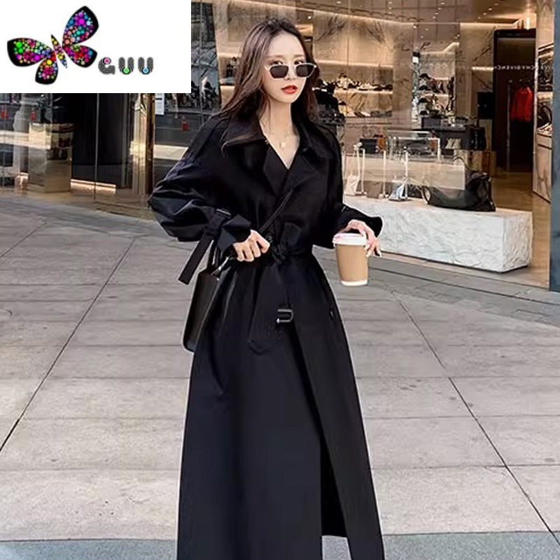 语娄黑色风衣外套女小个子2023年新款韩系气质英伦风中长款大衣