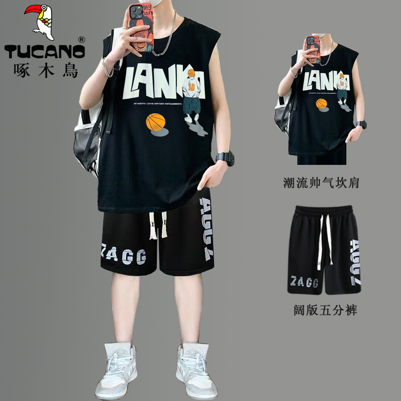 啄木鸟新款夏季纯棉背心坎肩男孩无袖T恤青少年学生潮流帅气套夏高清大图