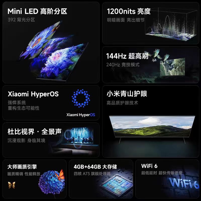 小米电视S 65 Mini LED 65英寸高阶分区144Hz超高刷平板