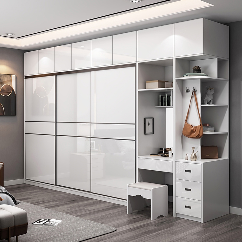 衣柜推拉门简约现代经济型卧室家用亮光uv轻奢白色移门组装大衣橱
