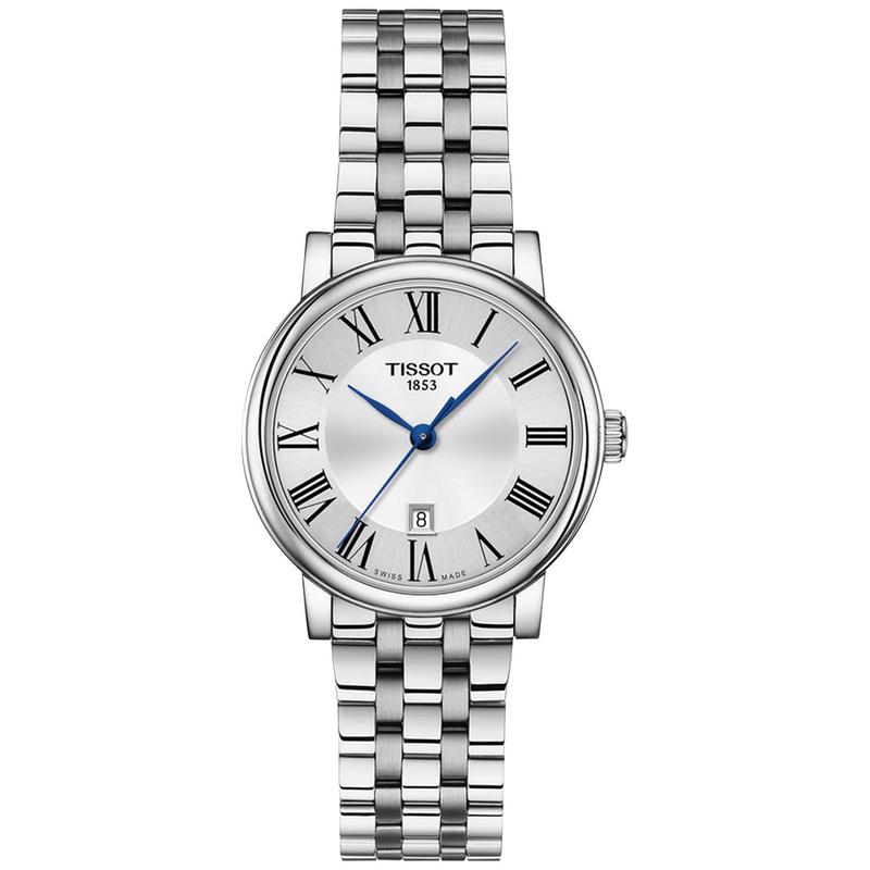 天梭(TISSOT)女士石英手表瑞士三针防水不锈钢表带银色表盘30mm