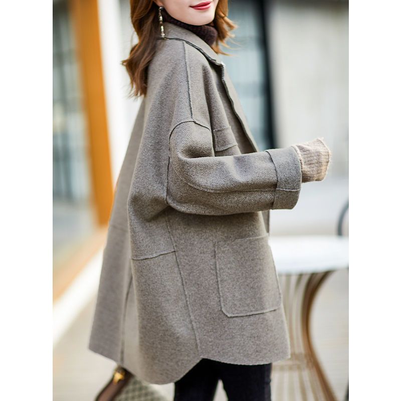 大码毛呢大衣女韩版简约翻领宽松双面呢外套女冬新款a2106