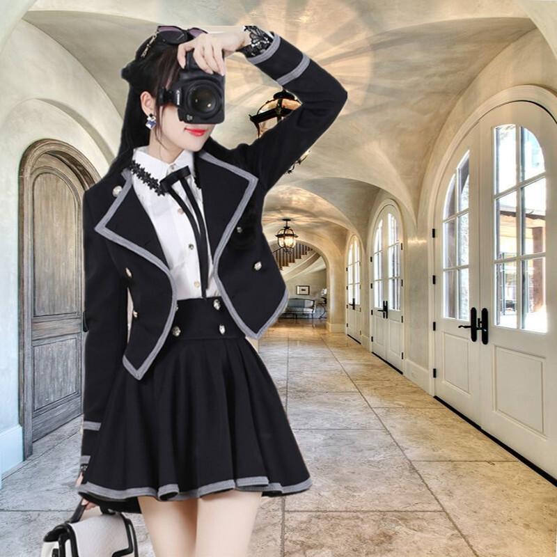 2018春秋女韩版黑色灰边英伦西装半身裙两件套套装长袖职业装
