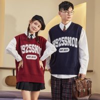 唐狮0春季新款情侣针织红色V领毛衣本命年背心马甲新年衣服潮 XXL 藏青（男女同码）