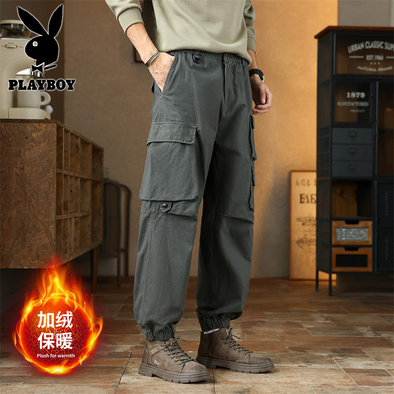 花花公子新款2025冬季新款潮男美式复古宽松束口百搭加绒工装裤8702-2加绒款高清大图