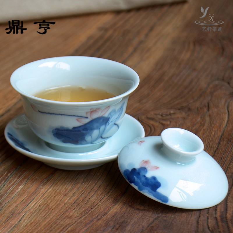鼎亨手绘荷花茶碗盖碗茶杯青瓷三才盖碗功夫茶具泡茶碗套装陶瓷敬