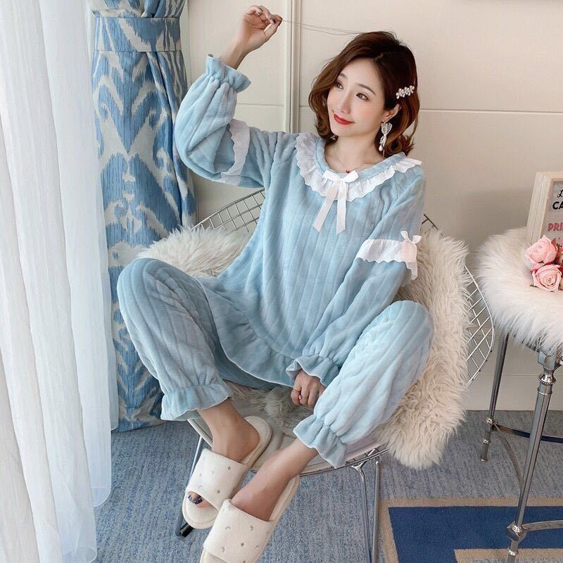冬季珊瑚绒睡衣女加厚加绒秋冬韩版甜美少女公主风法兰绒保暖套装