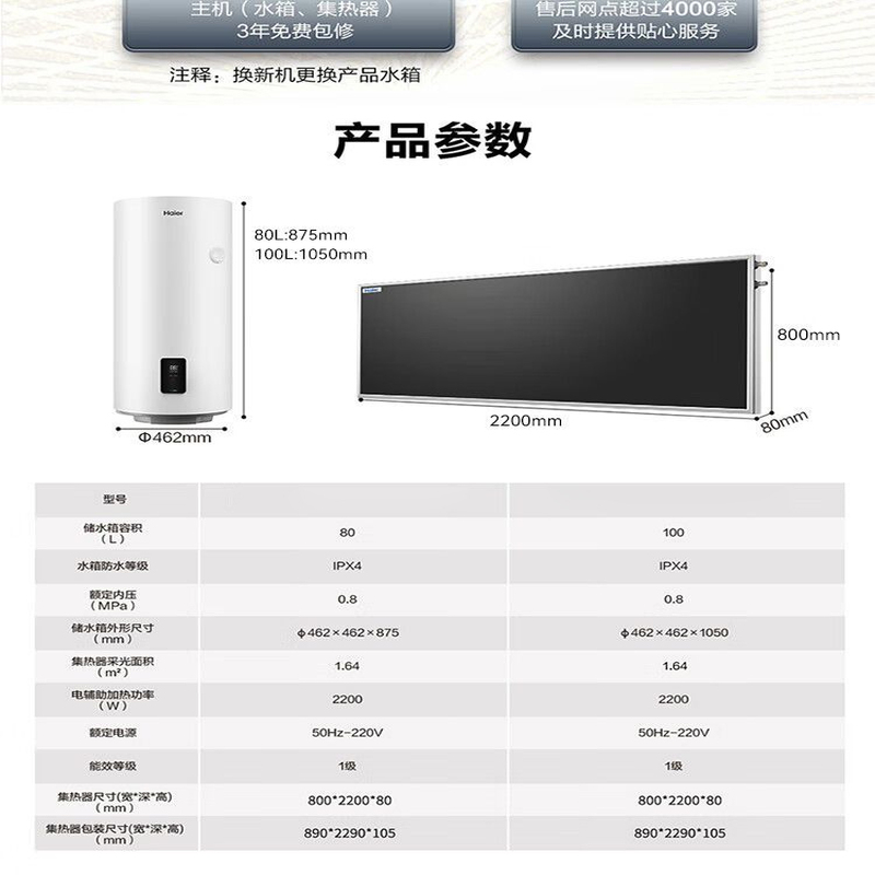海尔(Haier)太阳能热水器家用阳台壁挂式平板100升大容量自动补水光电两用 高效集热WIFI互联 竖式热水器单水箱高清大图