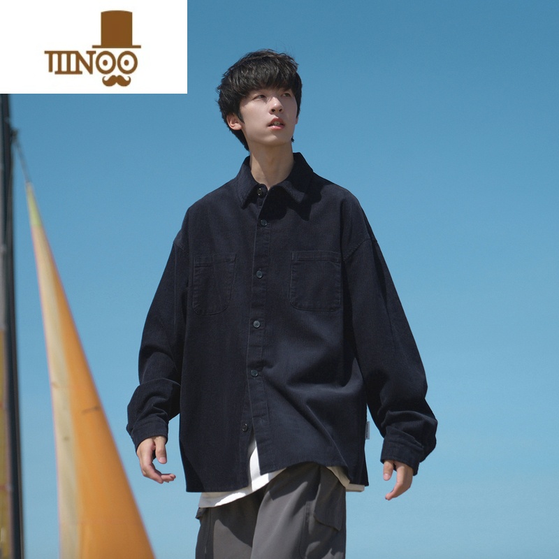 YANXUE2023秋季新款男长袖衬衫无弹日系复古纯色百搭休闲学生衬衣高清大图