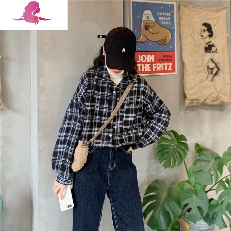 艳如飞磨毛格子衬衫女长袖港味复古2020新款宽松外穿内搭网红打底衬衣潮衬衫