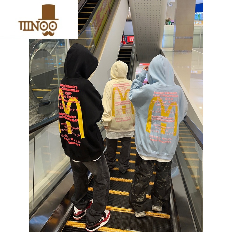 YANXU126KID 美式复古字母印花连帽卫衣男女秋季潮牌高街情侣宽松上衣高清大图