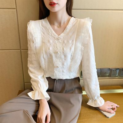 唐狮秋季新款女V领荷叶边长袖衬衫温柔淑女甜美仙女风潮流