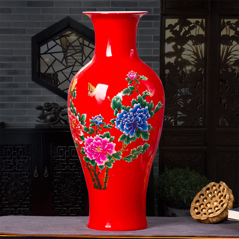 瓷物语cwy陶瓷花瓶鲜花干花摆件插花花瓶现代时尚家居装饰品餐桌摆设(红色年年有余冬瓜+送底座)