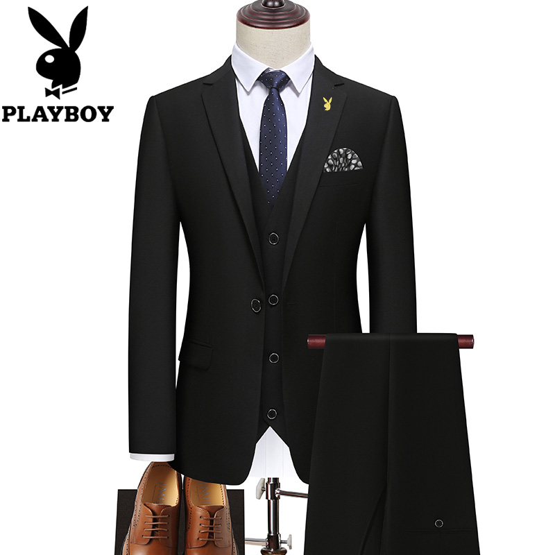 花花公子西服套装男士三件套修身商务正装西装伴郎新郎结婚礼服男 三件套87881(西服西裤马甲10件套)黑色 M