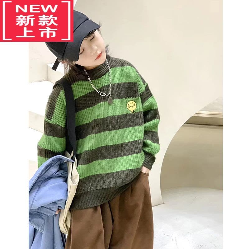 可莉允大E小e童装2022冬季新笑脸男童女童条纹套头毛衣儿童针织衫图片