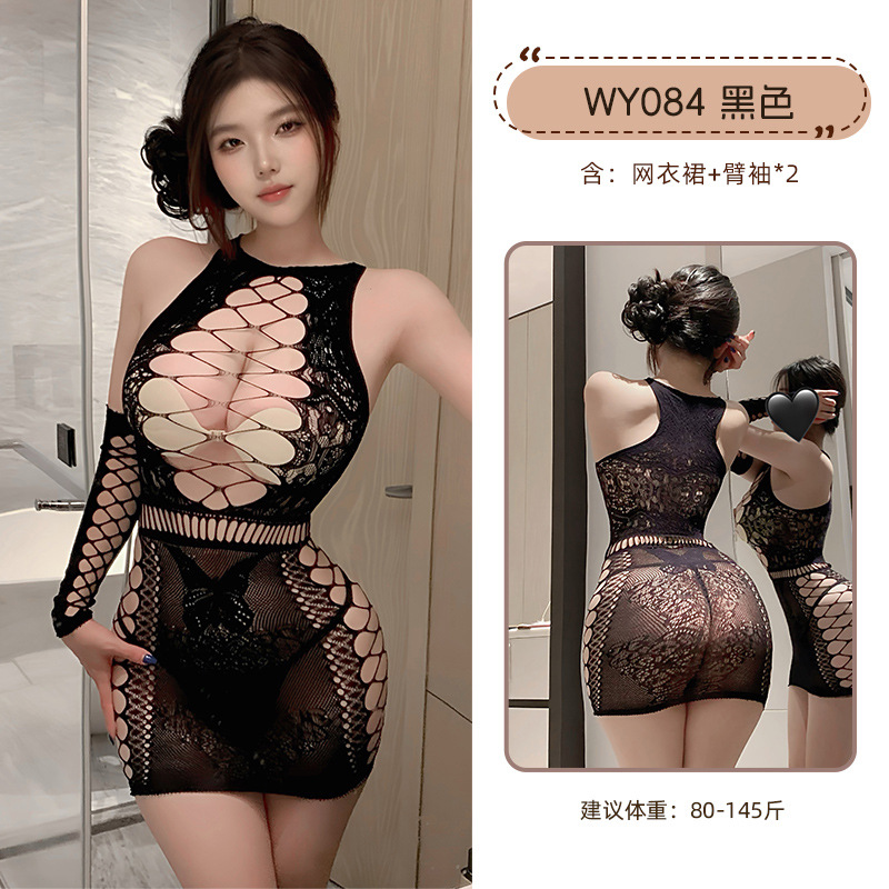 九里晴川WY084交叉镂空连体网衣性感纯欲风挂脖深V交叉重工花纹_765高清大图