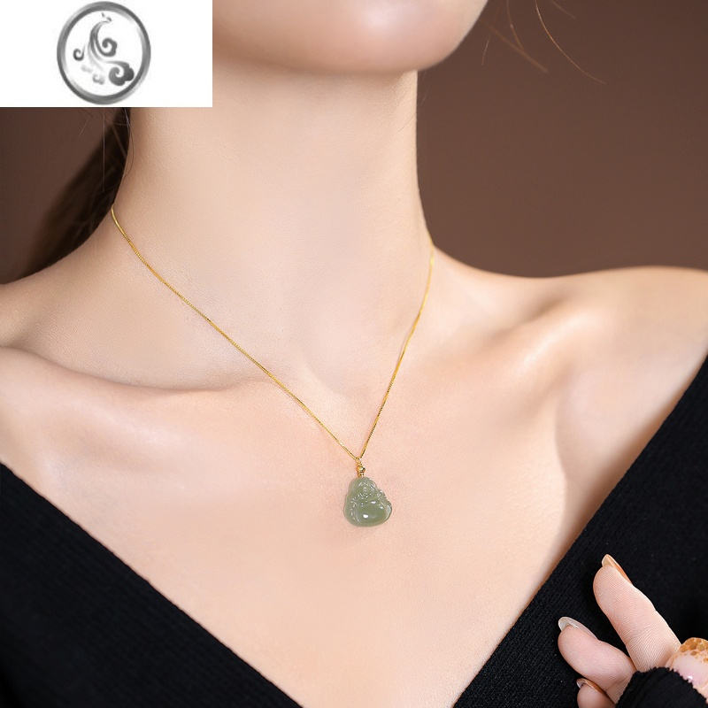 jimi弥勒佛和田玉项链女夏银银锁骨链玉石无事牌玉坠碧玉吊坠玉佛