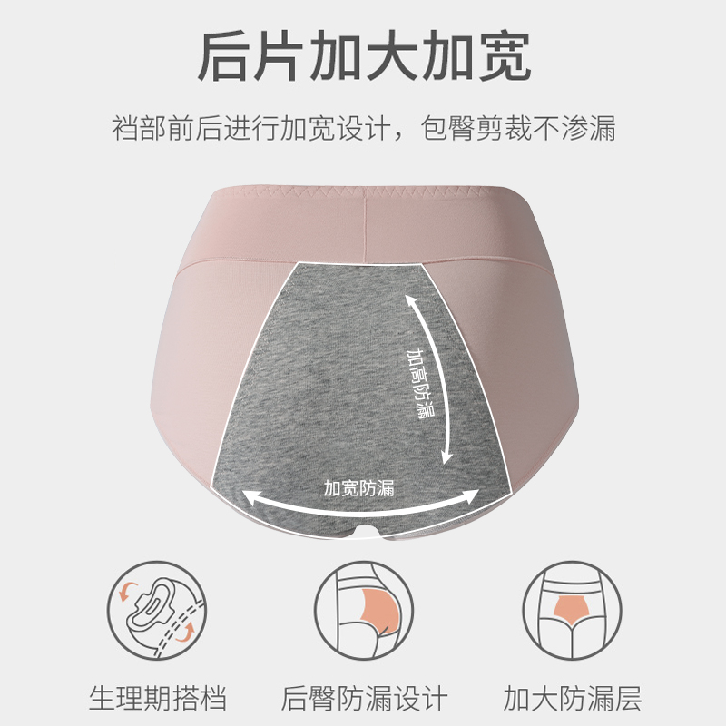 【3条装】猫人生理内裤女纯棉透气无痕高腰月经期防漏大姨妈卫生裤高清大图