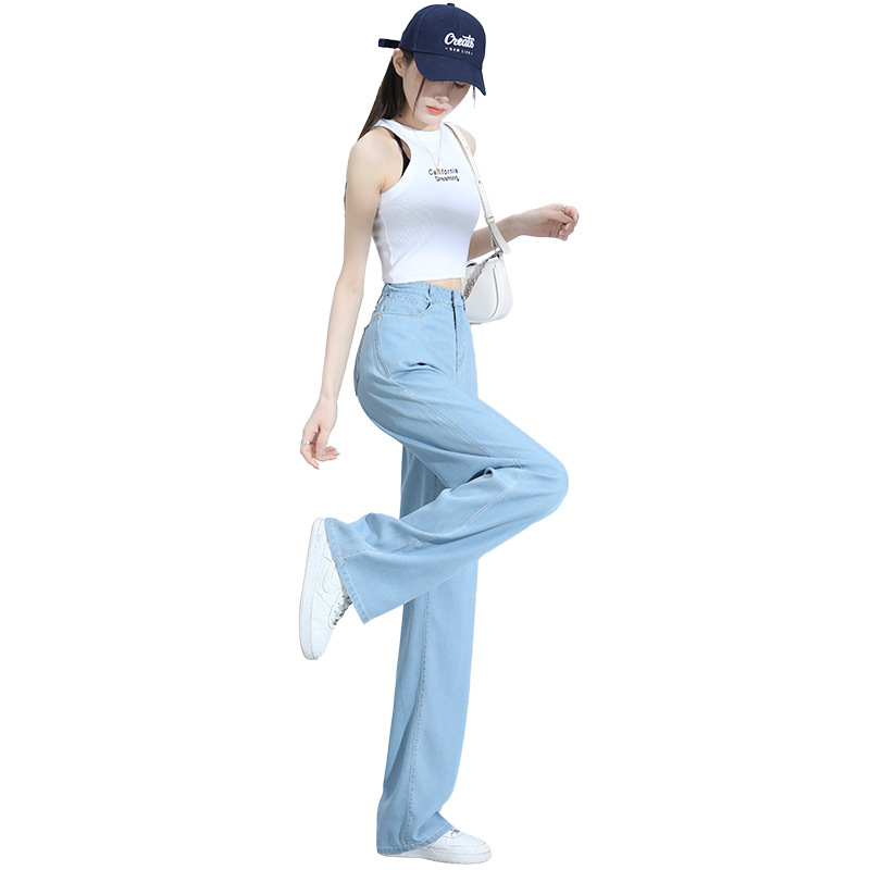 天丝牛仔裤女夏季薄款高腰垂感直筒宽松显瘦小个子窄版冰丝阔腿裤高清大图