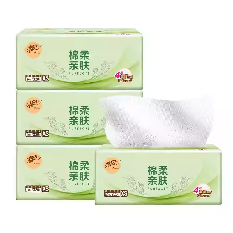 清风厚柔抽纸4层80抽3包餐巾纸卫生纸立体压花纸巾家用学生实惠装高清大图