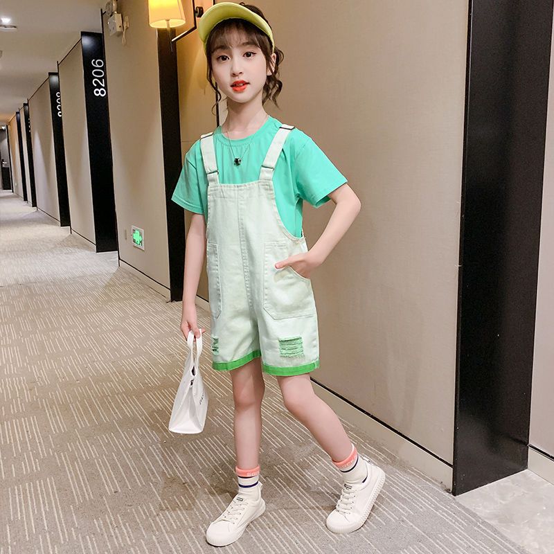 女童夏装背带裤薄款韩版洋气新款儿童背带短裤短袖两件套装潮