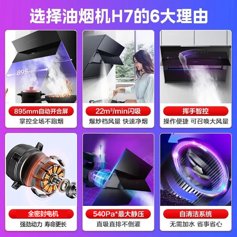 华凌侧吸式抽油烟机升级22立方家用大吸力挥手智控自清洗厨房抽油烟机CXW-280-H7