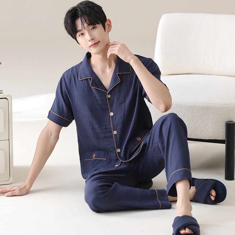 2026新款睡衣男士夏季短袖长裤翻领云朵棉开衫套装青少年家居服高清大图