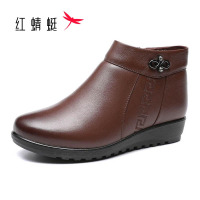 红蜻蜓女鞋平底妈妈鞋加绒棉鞋女真皮软底短靴冬季新品保暖中老年女靴防滑休闲皮靴子平跟皮鞋老年人奶奶鞋 红棕色 35码