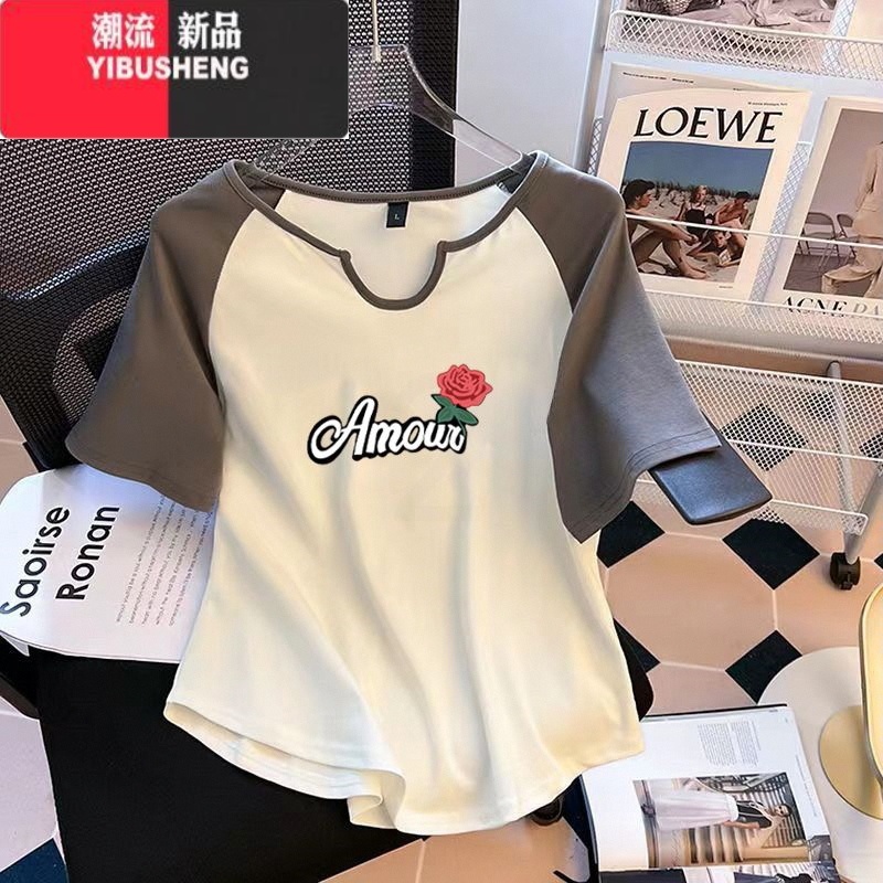 YIBUSHENG大码不规则美式复古短袖t恤打底女装胖mm显瘦遮肚百搭上衣高清大图