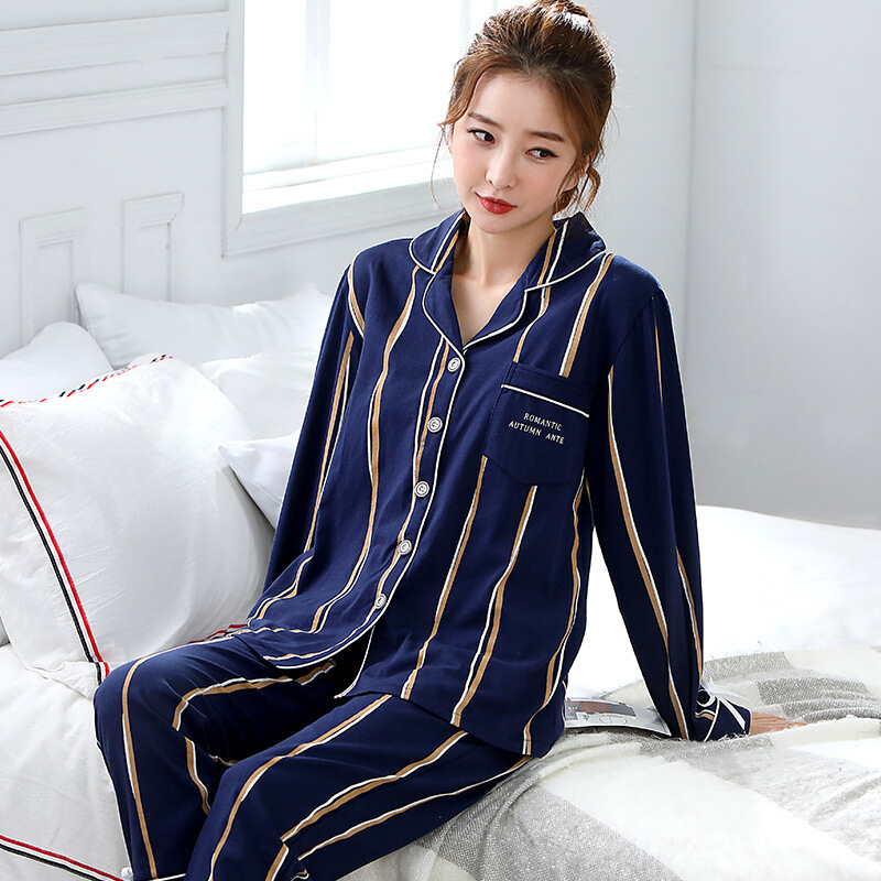 春秋新款睡衣女士长袖长裤纯棉翻领开衫舒适全棉家居服套装可外穿