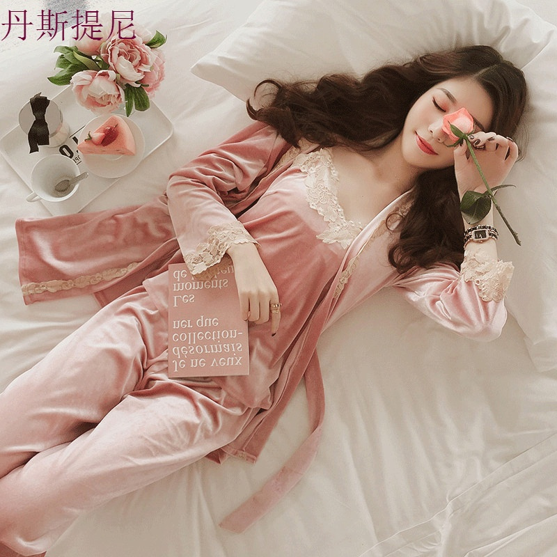 睡衣女春秋三件套装性感韩版长袖宽松大码金丝绒睡衣女秋冬家居服