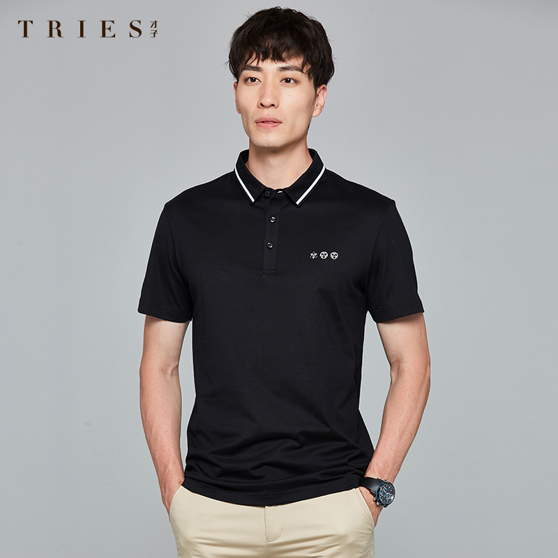 才子男装tries短袖polo衫男士夏季休闲中国风印花时尚潮流修身翻领t恤