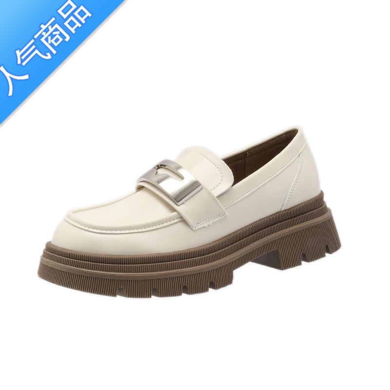 SUNTEK复古英伦小皮鞋女秋季新款厚底学院单鞋杏色中跟一脚蹬乐福鞋高清大图