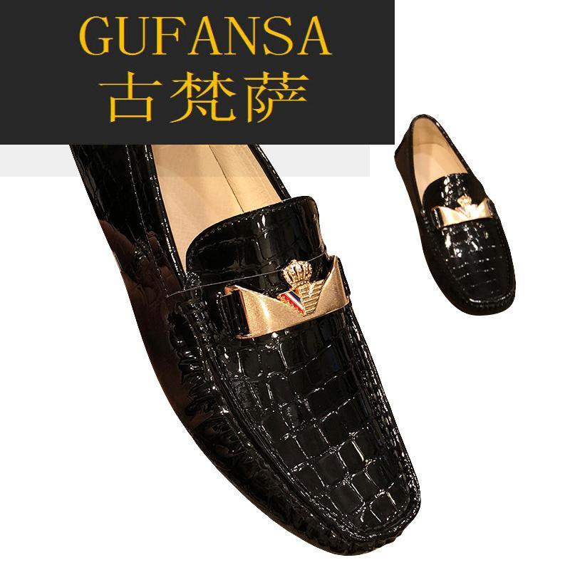 GUFANSA法国奢侈品牌 欧洲上流名士高端品牌联名利登阿玛尼皇冠豆豆鞋男漆皮石头纹一脚蹬套脚休闲皮鞋