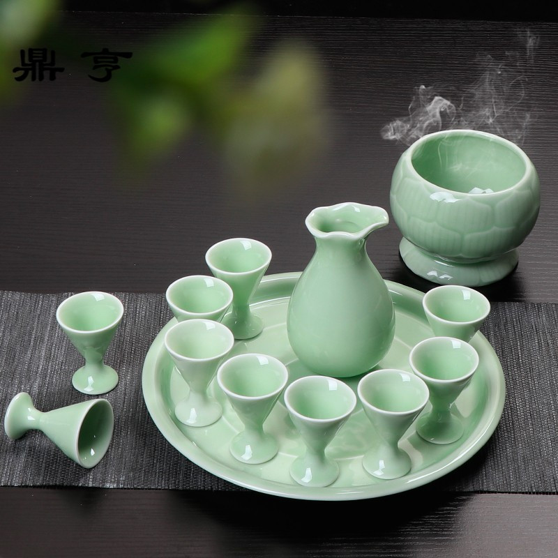 鼎亨家用酒壶醒酒器白酒杯高脚陶瓷酒具仿古酒壶1斤龙泉青瓷酒具