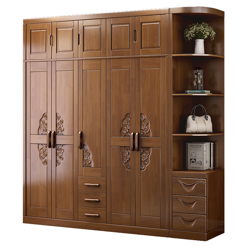 兰秀家居 中式实木衣柜对开门推拉六门大容量衣柜卧室经济橡胶木大