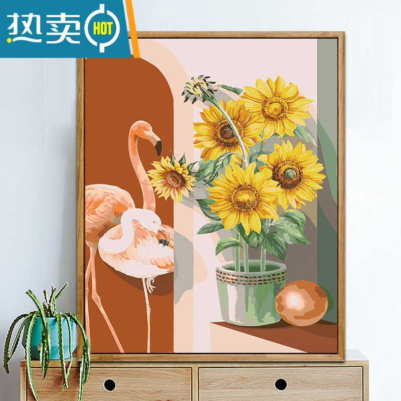敬平数字油画diy油彩画小清新填色画向日葵手绘减压客厅装饰画装饰画 紫色向日葵3 60*75配成品外框原木色画板+高光颜料+画笔+无痕钉