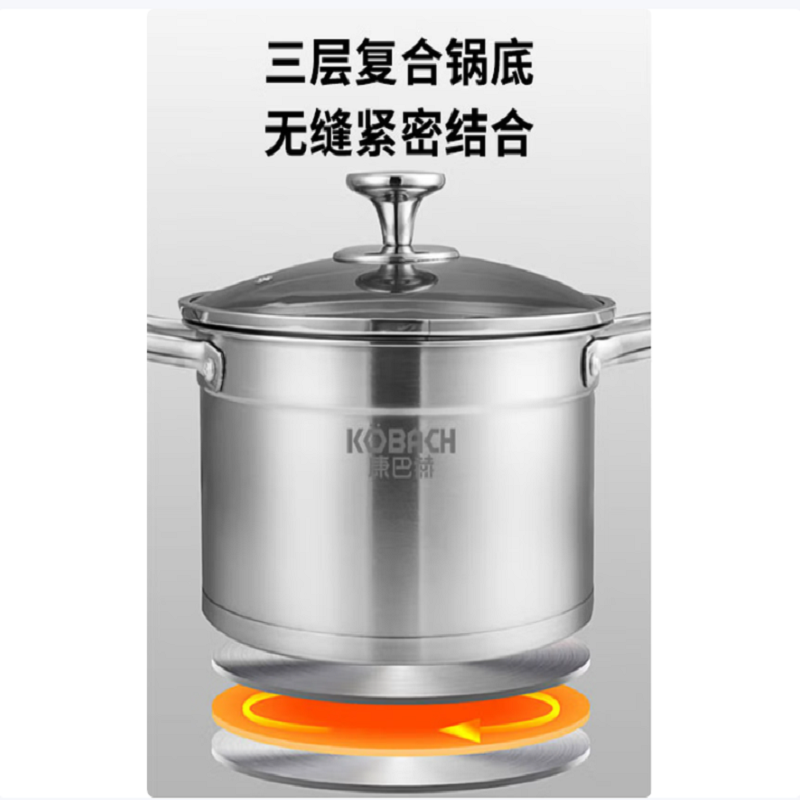 康巴赫(KBH) 欧式不锈钢汤锅套装22cm(白色玻璃盖) 双耳汤锅炖锅可视锅盖高清大图