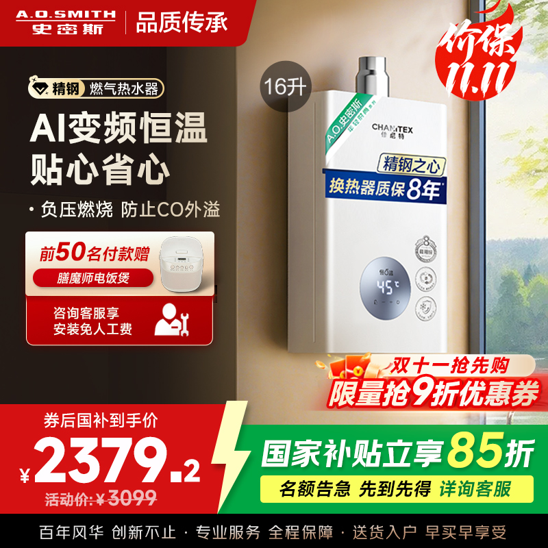 AO史密斯16升燃气热水器佳尼特 不锈钢换热器8年包换 恒温大水量 抗风防冻 JSQ31-TC1